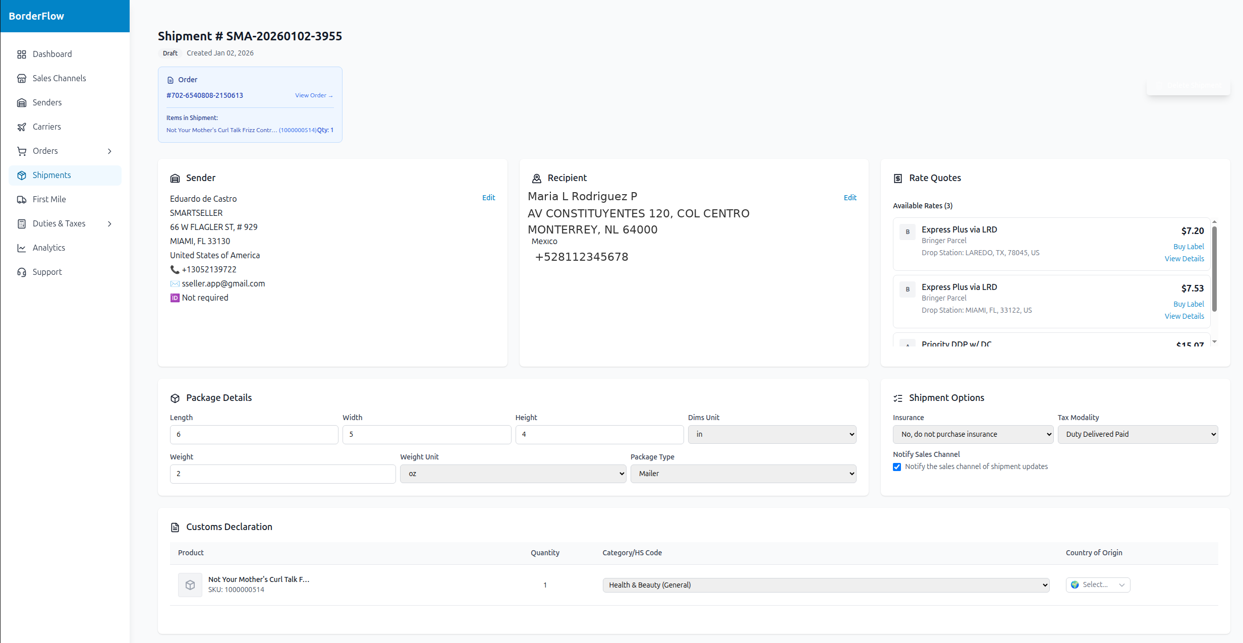 BorderFlow shipment detail page showing sender and recipient addresses, rate quotes from multiple carriers, package dimensions, duty delivery options, and customs declaration